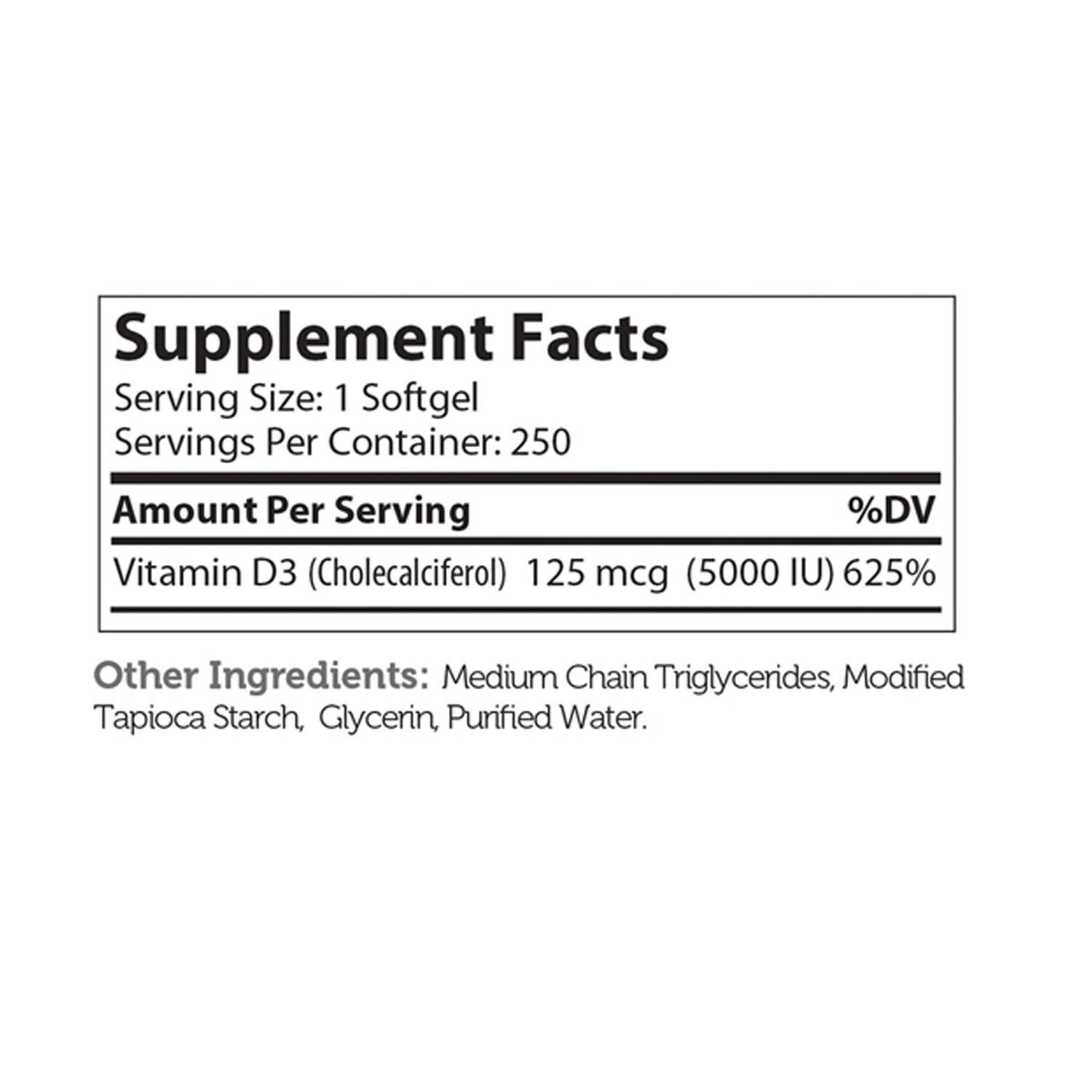 Vitamin D3 5000 IU - 250 Softgels (250 Servings)